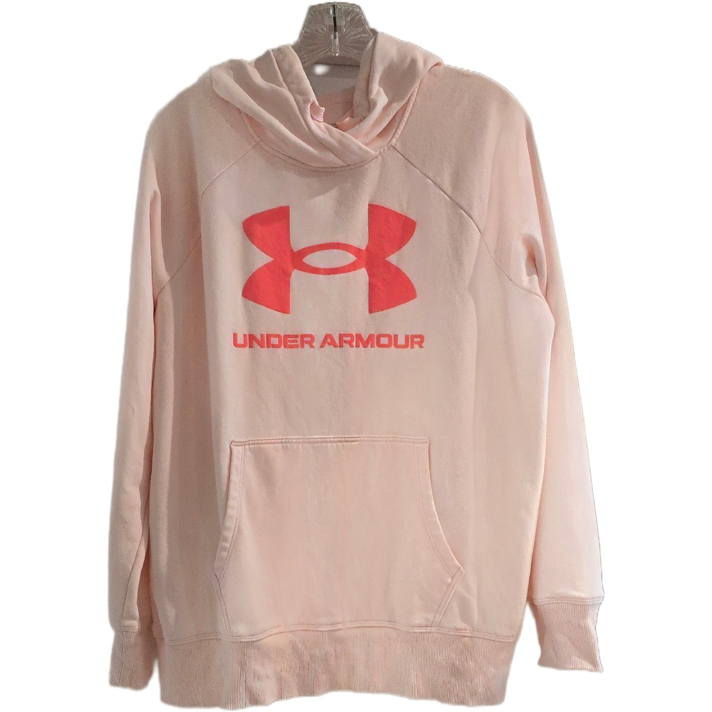 Under Armour Womens Rival Fleece Hoodie Peach Pink Neon Coral Logo Medium MD